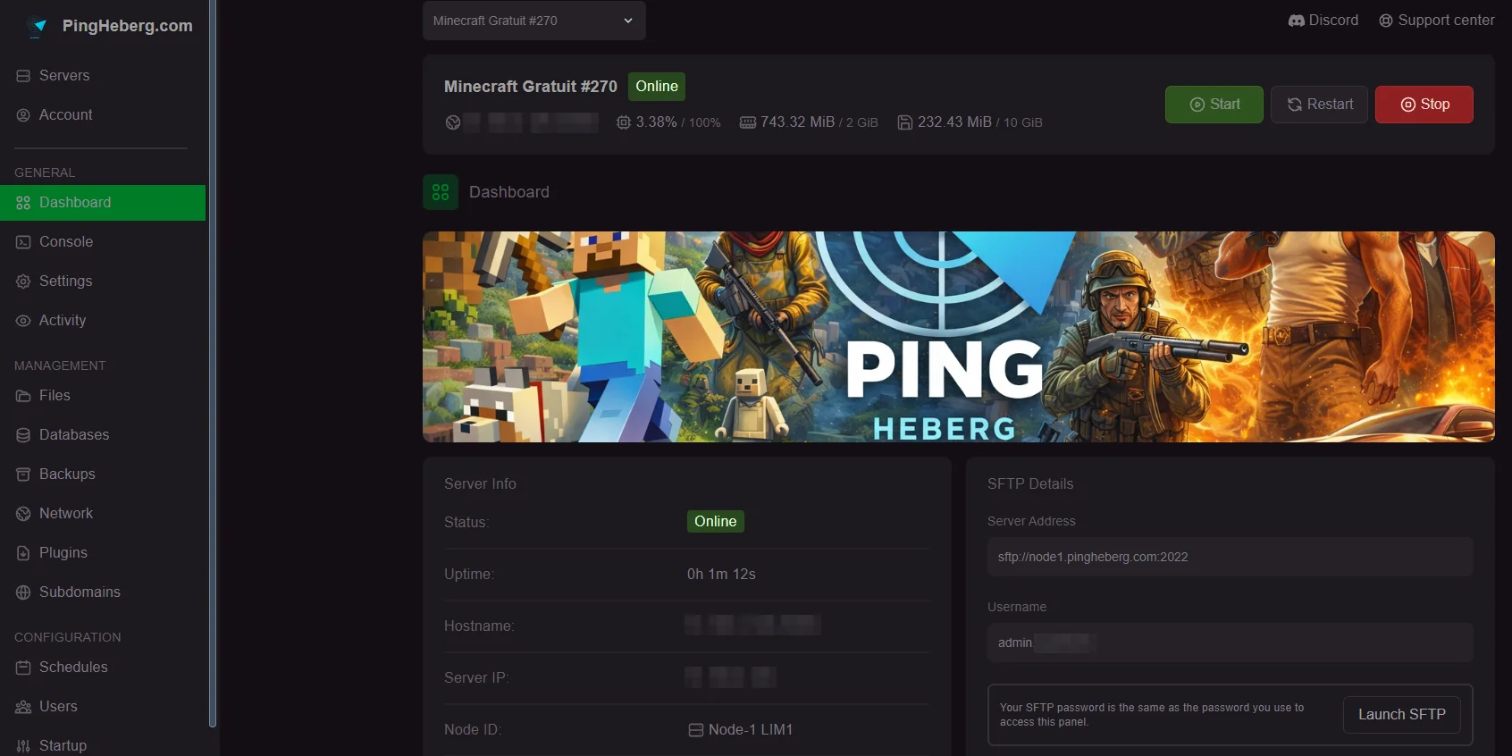 Dashboard : la page d'accueil de votre serveur.