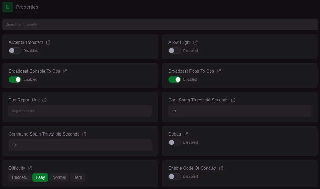 Properties : toutes les options du serveur, sans ouvrir server.properties.