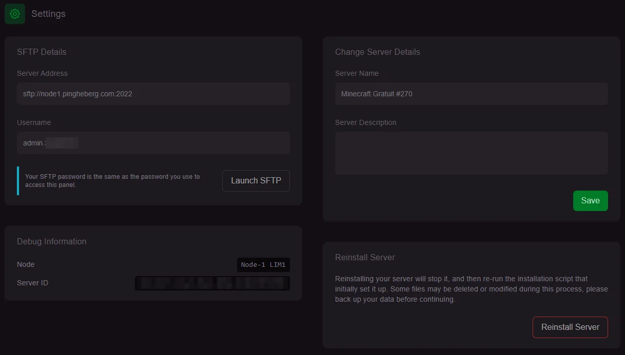 Settings : accès SFTP, nom du serveur et réinstallation.
