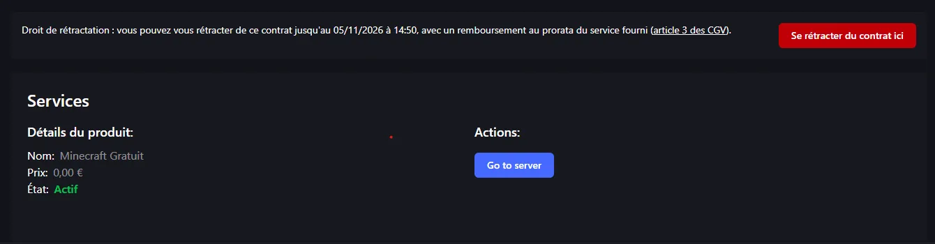 La fiche du service dans l'espace client, ici le Minecraft gratuit.