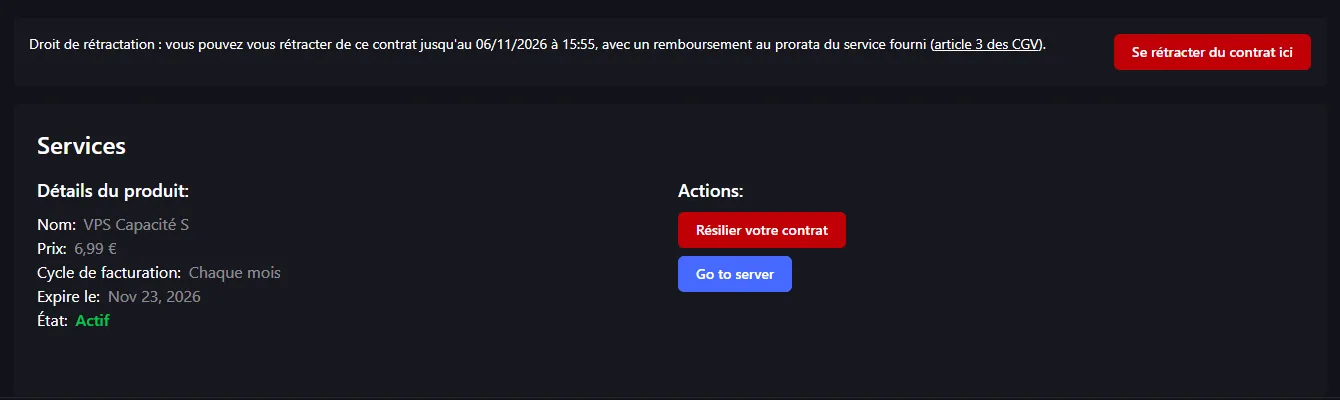 La fiche du service VPS dans l'espace client.